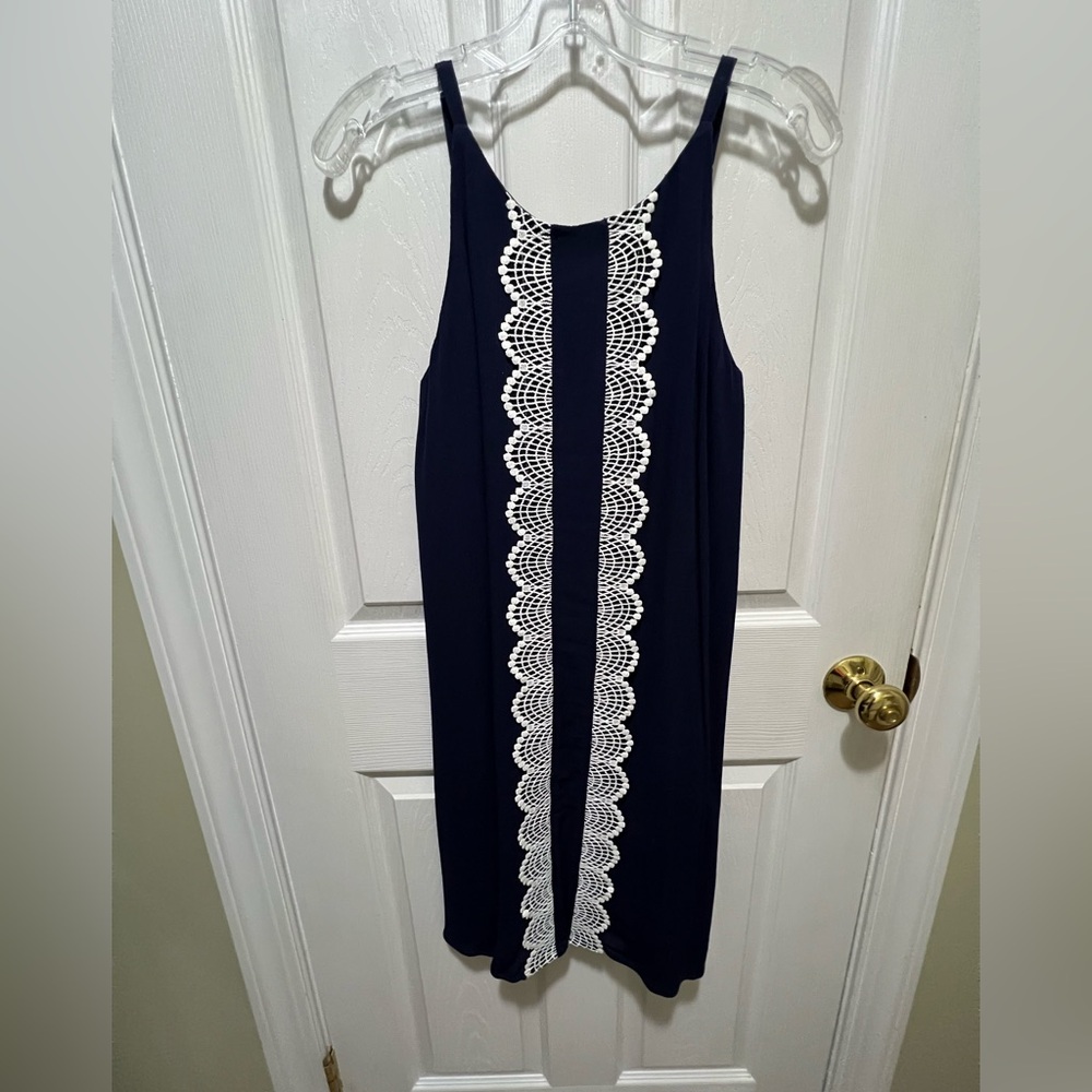Westport Navy Midi Dress with White Lace Accent